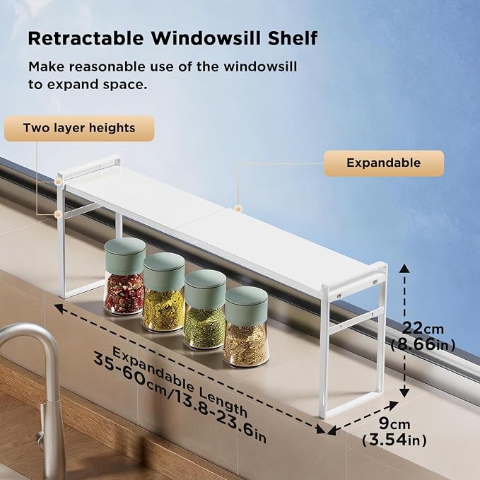 Expandable Narrow Shelf Organizer with 2-Level Adjustable Height | White, Tall Countertop Organizer for Tight Spaces, Windowsill Plant Stand, Over-Sink/Faucet Shelf, Kitchen Counter Storage - Image 2