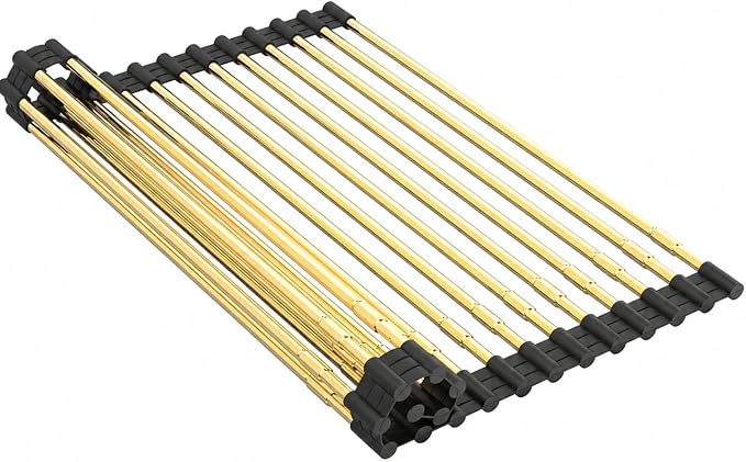 Expandable Roll Up Dish Drying Rack, Adjustable Large Over The Sink Rack Draining Rack (Max Extends to 21.26”) for Stainless Steel Sink Rack, Collapsible Rolling Up Rack 18 Tube for Kitchen, Gold by SimplifyHomeCookingCleaning