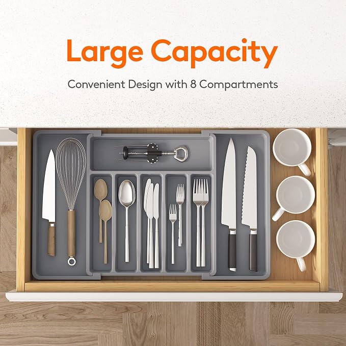 Lifewit Extra Large Silverware Drawer Organizer, Expandable Utensil Tray | BPA Free Flatware Cutlery Holder for Kitchen, Adjustable Plastic Storage for Spoons Forks Knives, 13-22 x15, Gray - Image 2