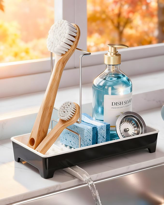 Minimalist Sink Caddy, Rustproof Sponge Holder for Kitchen Sink Black | Large Rustproof countertop organizer with 304 stainless steel brush holder, raised ridges and silicone drain tube by Unknown