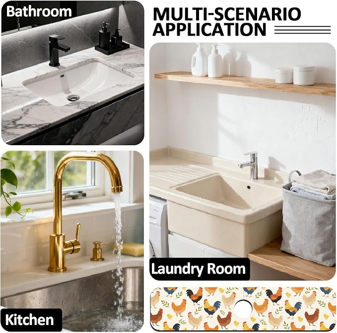 2 Pcs Kitchen Sink Splash Guard Faucet Mat Cute Rooster Faucet Mat for Sinks Leaves Pattern Absorbing Drying Mats for Kitchen Bathroom, 23.6x5.5inch - Image 7