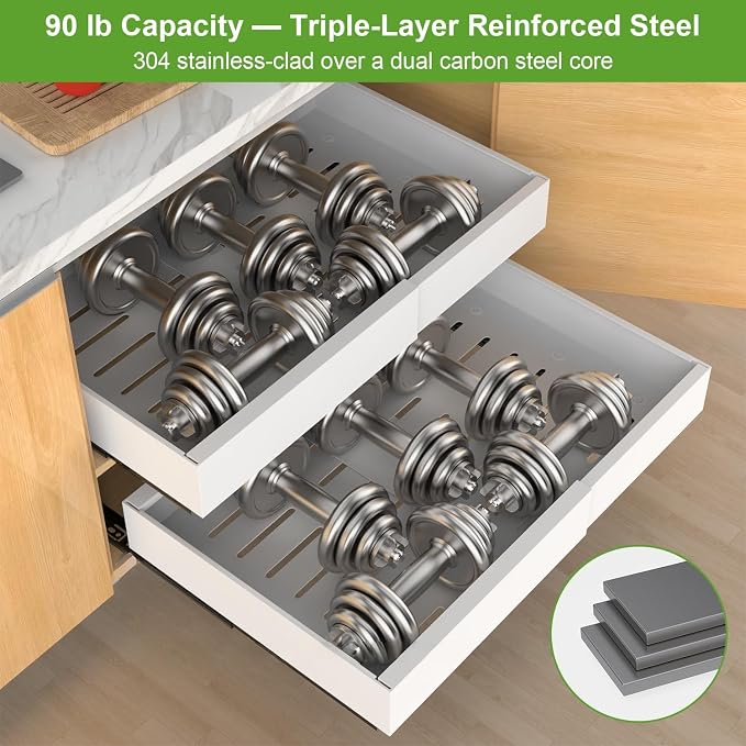 2-Pack Expandable Pull Out Cabinet Organizer 16.5"Deep(12.2"-20.5"W), 3 Full Extension Glides Slide Out Drawers, Roll Out Shelves Adhesive Raising Pad,Compatible Framed Cabinets,90lb Cap,White - Image 5