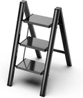 3 Step Ladder, Foldable Aluminum Step Stool with Anti-Slip Pedal | Lightweight yet Sturdy, Portable, Non Slip Feet, 300Lbs Capacity, Elegant Look, for Kitchen, Closet, Pantry, Black by GameGem