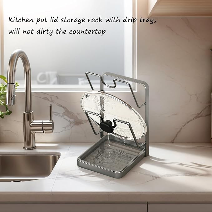 Kitchen Pot Lid Storage Rack, Pot Lid Holder While Cooking for Countertop | Stainless Steel Pot Lid Rack, Kitchen Countertop Organizer Removable Drip Tray, Lid Cutting Board Ladle Storage for Stove Top - Image 5
