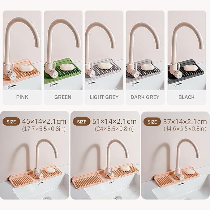 14.5" Silicone Faucet Handle Drip Catcher Tray,7° Sloped Self Draining Mat with Snap-on Design & Soap Holder, Sink Splash Guard for Kitchen & Bathroom, Trim-to-Fit Opening - Image 3