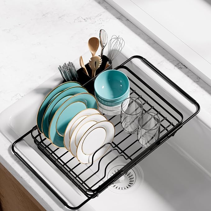 Sakugi Dish Drying Rack in Sink - Expandable Stainless Steel Dish Rack Over The Sink, Kitchen Sink Drain Strainer with Cutlery Holder & Cup Holders, 15.2 x 10.0 x 4.2 Inch, Black by Sakugi