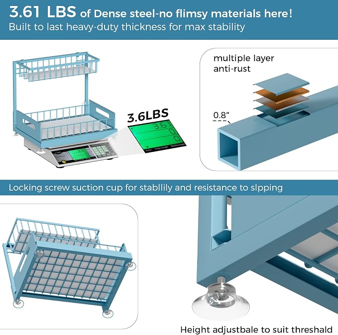 L-Shaped Under Sink Organizer, 2-Tier Pull-out Cabinet Rack 1-Pack | Teal Height-Adjustable Steel Rack, Sliding Grid Drawers with PP Liners, Holds 100 Lbs, Suction Base, Ideal Kitchen Storage - Image 4