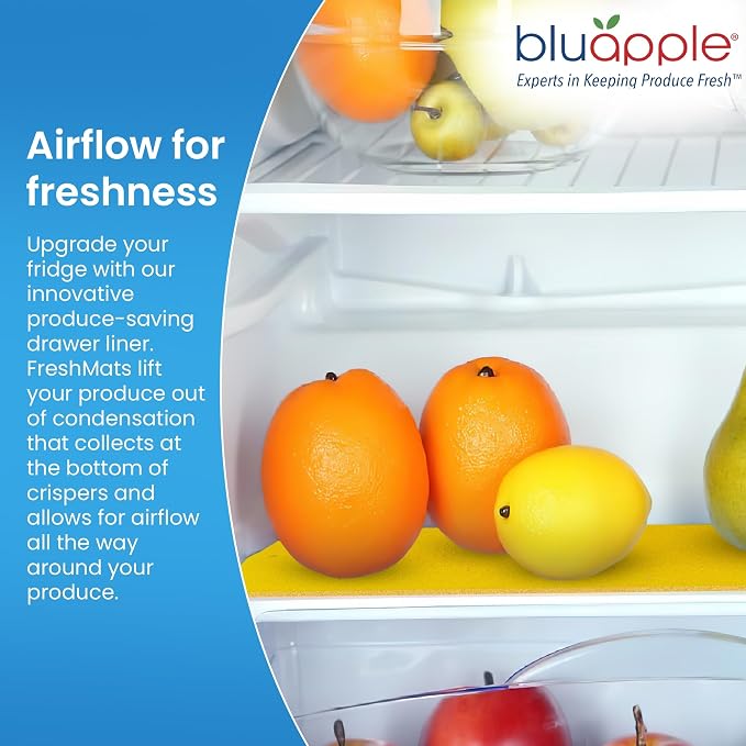 Bluapple FreshMats, Refrigerator Bin Liner, Fridge Drawer Mats, Crisper Life Extender Liner Keeps Produce Fresh Longer, Anti-Bruising, for Air Circulation, Washable & Reusable (4-Mats, 12x15, Yellow) - Image 4