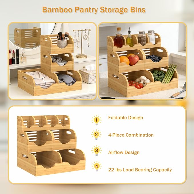 Potato and Onion Storage Bin, Made of bamboo, With 2 banana hooks | With 2 Banana Hangers,Stackable Potato and Onion Storage Bin with Airflow Vent,Vegetable Storage,for Kitchen Countertop - Image 5