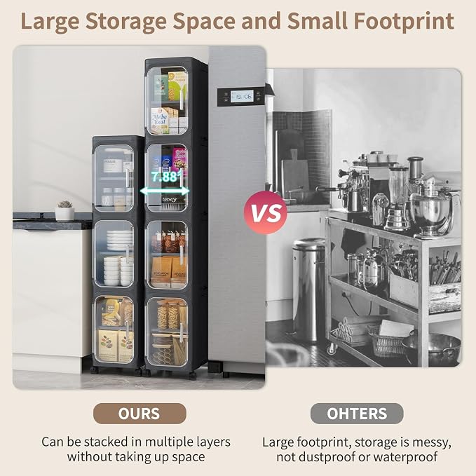 3 Tier Slim Bathroom Storage Cabinet, Foldable and Movable, Black | Tools Free, ABS and PET, Magnetic Clear Door, Adjustable Shelves, Lockable Wheels, Water Resistant, For Narrow Space - Image 3