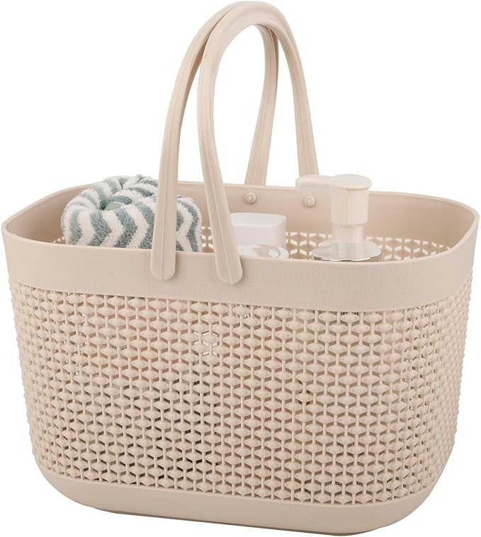 Plastic Portable Shower Caddy Basket, Storage Organizer with Handle, Beige | Bottom Drain Holes, Keep Dry, Sturdy and Durable, Easy to Carry for Bathroom, Kitchen, Dorm Room, RV, College by UUJOLY