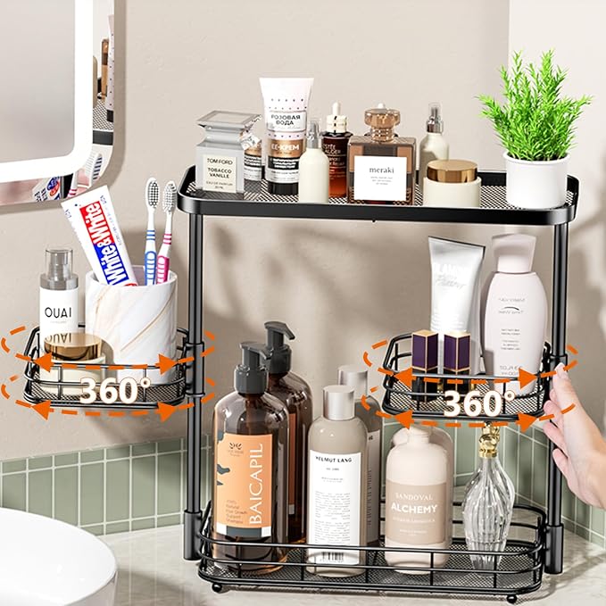 VITVITI 3 Tier Bathroom Organizer Countertop, Counter Storage Shelf, Black | Metal Wire Bathroom Vanity Mesh Bath Room Sink Kitchen Rack with 360 Rotating Basket by VITVITI