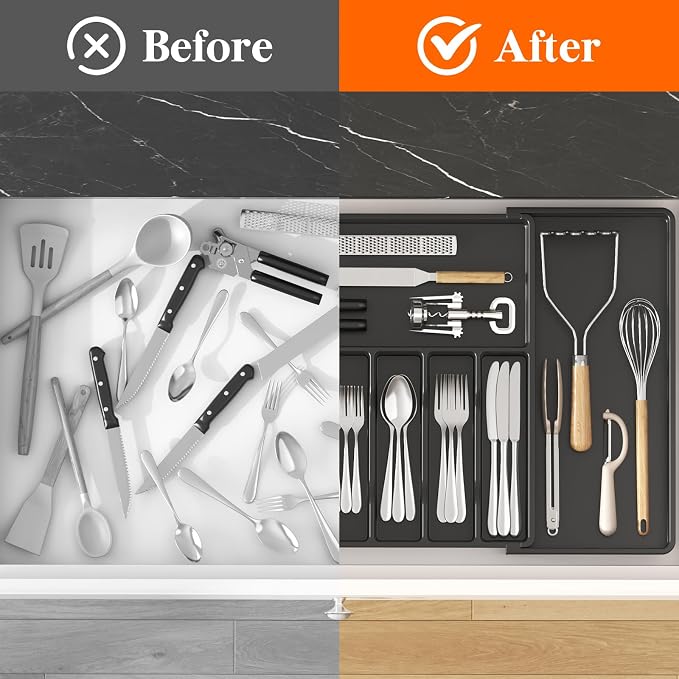 Lifewit Extra Large Silverware Drawer Organizer, Expandable Utensil Tray | BPA Free Flatware Cutlery Holder for Kitchen, Adjustable Plastic Storage for Spoons Forks Knives, 18- 33 x 18.5", Black - Image 6