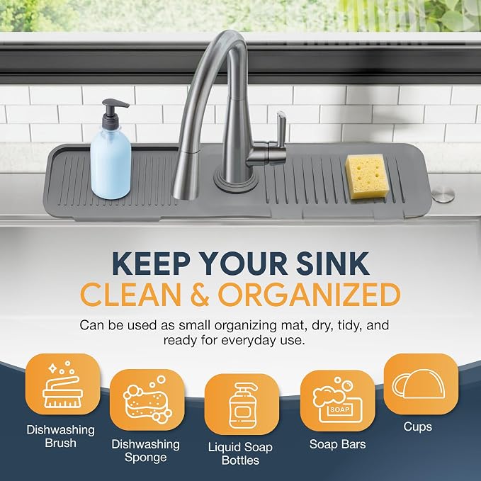 24” Silicone Faucet Mat For Kitchen Sink, Kitchen Sink Splash Guard Behind Faucet, Kitchen Faucet Mat For Kitchen Sink, Kitchen Sink Faucet Mat Splash Guard and Sink Water Splash Guard (Gray) - Image 3
