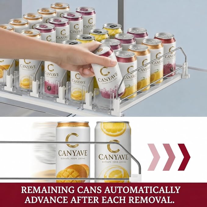 Canyave Self-Pushing Beverage Organizer for Fridge – Adjustable Spring Loaded Drink Dispenser & Soda Can Organizer – Clear Glide Rack Fits Cans, Bottles, Slim & Standard Sizes for Kitchen Pantry - Image 2