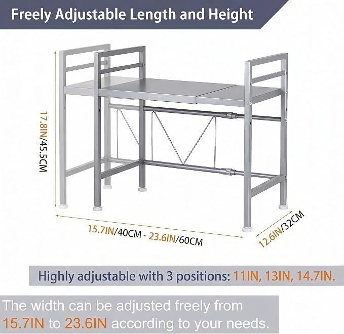 PUSDON Expandable Microwave Oven Rack, 2-Tier Countertop Baker's Rack Style Shelf, Heavy Duty Stand with 3 Hooks, 160lbs Capacity Stainless Steel Appliance Match, Silver Gray - Image 5
