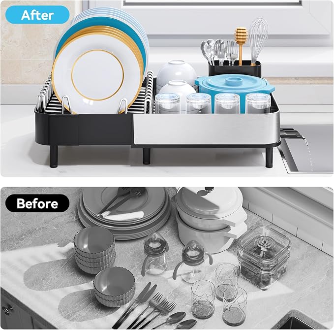 Urackify Stainless Steel Dish Drying Rack for Kitchen Counter,Black | Extends to 20.67'',Expandable & Foldable,Rust-Resistant,Rotatable Drain Pipe & Utensil Holder,Dish Drainer For 2-4 People - Image 7
