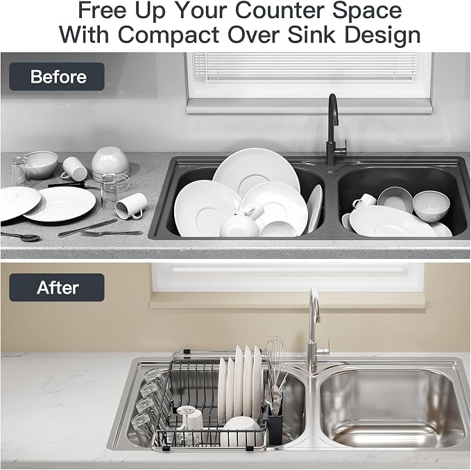 Grey Dish Drying Rack Over Sink with Utensil Holder, Drainboard | Expandable Stainless Steel Dish Drainer for Small Kitchen, Apartment, RV, Counter Space Saving, Perfect Fit, Rustproof - Image 2