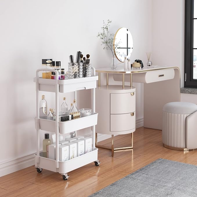 Calmootey 3-Tier Utility Cart with Drawer & Wheels, Storage for Home,Office | Space-Saving Organizer, Sturdy Plastic Shelves, Smooth-Rolling Metal Wheels, Built-in Drawer for Small Items, White - Image 2