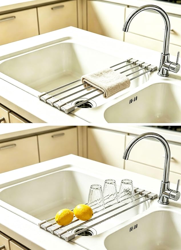 Ahyuan Roll up Dish Drying Rack Over The Sink Kitchen Roll up Sink Drying Rack Portable Dish Drainer Foldable Dish Drying Rack (Warm Gray, 17.8''X3.7'') - Image 5