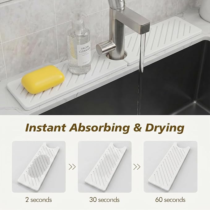 Stone Faucet Mat for Kitchen Sink,Sink Splash Guard Absorbent Drying Mat | Diatomite Fast Water Tray for Bathroom Counter,Quick Dry Sink Protector Kitchen Accessories(White, 20"×3.9") - Image 5