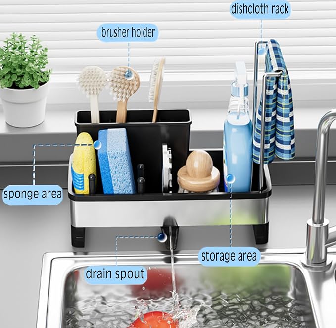 Stainless Steel Sink Caddy Sponge Holder for Kitchen Sink 9.8″ | with Auto-Drain, with Removable Brush Holder & Towel Rack, Rustproof Sink Organizer for Countertop, Kitchen Accessories - Image 2