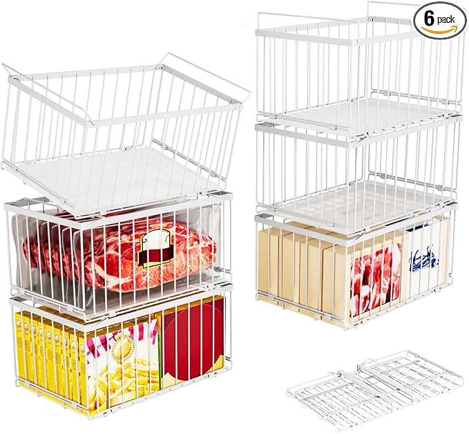 Large Freezer Organizer Bins for 5 to 9 Cu.Ft,Quick Expand/Collapse,6PACK | Freezer Organizer Bins, Stackable,foldable,With handle Wire Storage Container Baskets for Sort Frozen Meats,Leak-Proof Liner by ANJUBAN