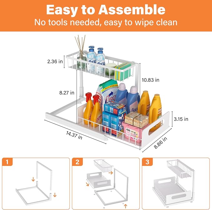 Under Sink Organizer 2 Tier, Pull Out Drawer Slides Under Sink Storage for Bathroom Kitchen,Multi-Purpose Drawer Under Cabinet Organizer for Cleaning Supplies (White, 1 Pack) - Image 2