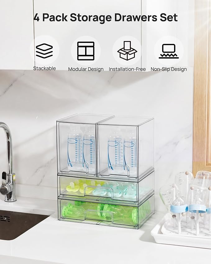 Vtopmart Clear Stackable Storage Drawers Set of 8, Plastic Organizer Bins | Multi-purpose Boxes for Baby Bottle Storage, Ideal for Kichen, Vanity, Bathroom, Undersink, Cabinet, Pantry Organization - Image 3