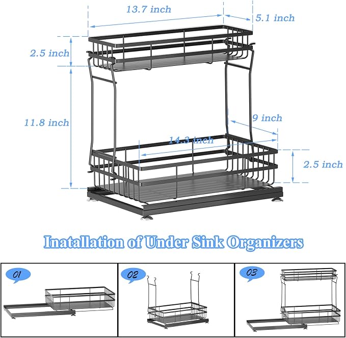 2 Pack Under Sink Organizers and Storage, 2 Tier Pull Out Cabinet Organizer, Metal Sliding Drawer Storage for Kitchen Bathroom，Black - Image 5
