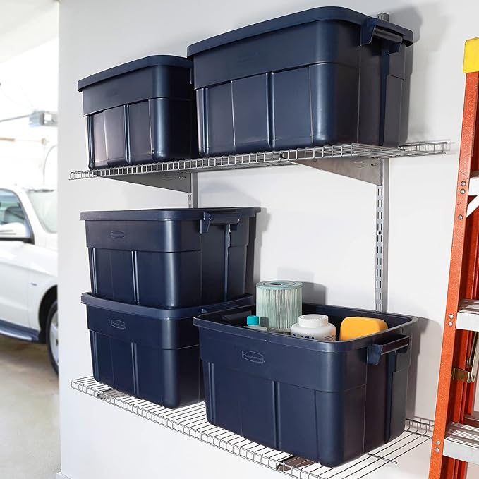 Rubbermaid Roughneck Tote 14 Gal, 6 Pack, Made in USA, Dark Indigo Metallic, Rugged Plastic Stackable Storage Bins with Lids and Handles - Image 2