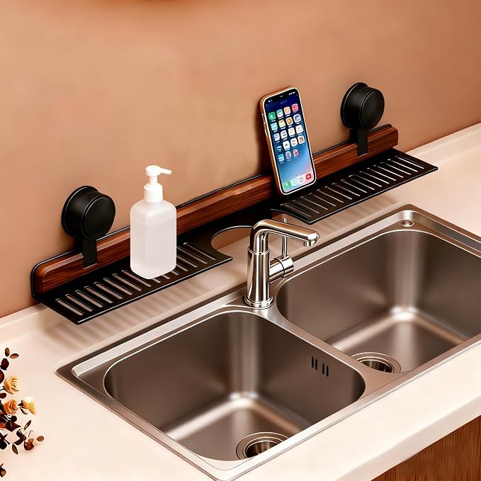 Bathroom Sink Shelf Over Faucet, No Drill, 16 Inch, Black | No-drill bathroom sink organizer shelf with suction cups and drainage holes for toothbrushes, soap, and sink essentials. - Image 2