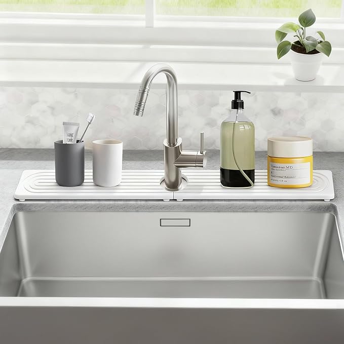 Faucet Mat for Kitchen Sink, Diatomite Drying Stone Mat Sink Protector, Faucet Splash Guard for Bathroom Counter for Bathroom, Laundry, Bar, White, 23.6" x 4" - Image 2