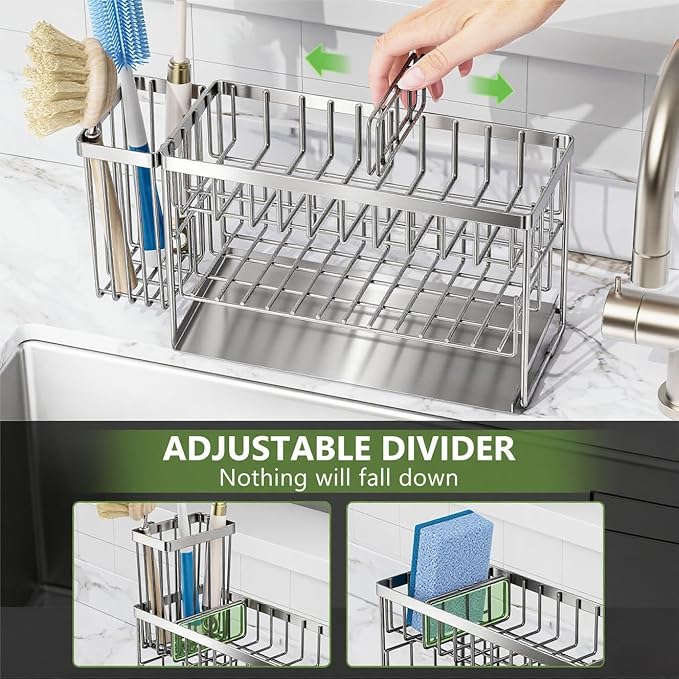 Cisily Silver 2-Tier Kitchen Sink Caddy Organzier Rack with Flexible Dish Brush Holder, Sponge Holder for Kitchen Sink Countertop Organization Storage,Home Decor Stainless Steel - Image 7