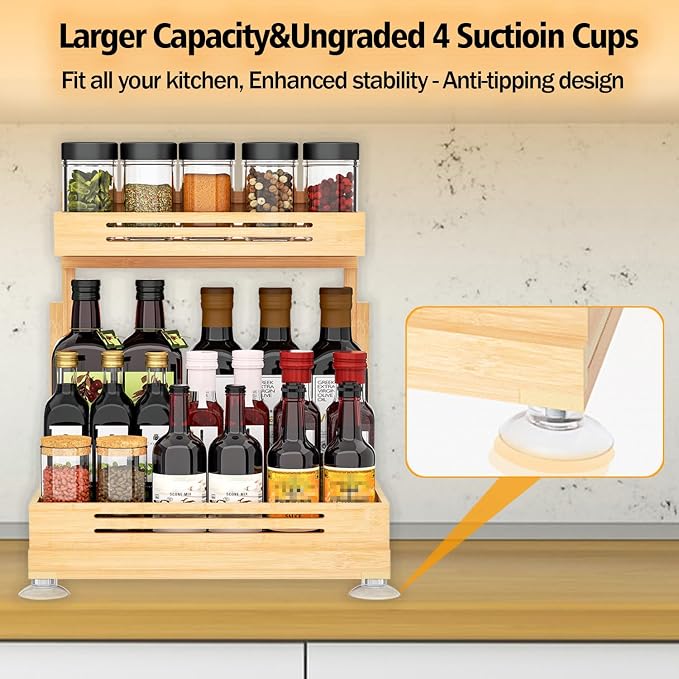 Banlilu Under Sink Organizer, Pull Out Cabinet Organizer, 2 Tier Slide Out Sink Shelf Cabinet Storage Shelves, Storage for Kitchen Bathroom, Natural Premium Bamboo Wood - Image 8