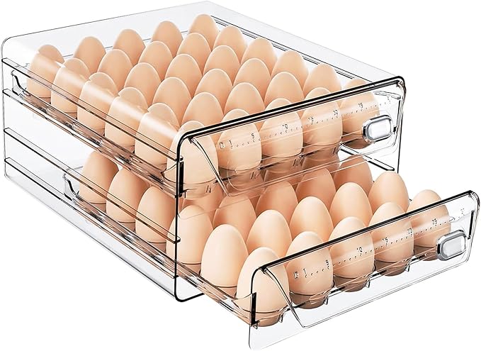 HIYOHIYO Clear 60 Grid Egg Organizer for Refrigerator with Drawers, 2-Tier | Large Capacity with Time Scale Marking | Sturdy Egg Storage for Fridge | Stackable Eggs Container for Fridge and Countertop by HIYOHIYO