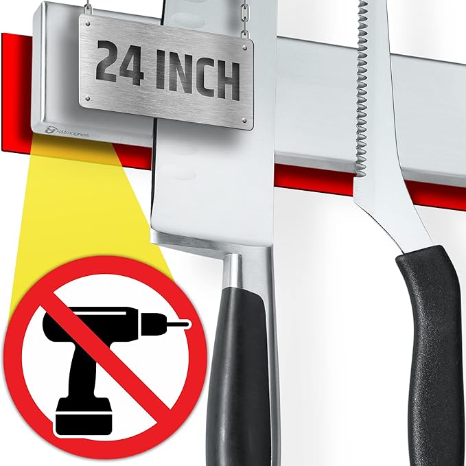 24" Strong Adhesive (No Drill) Magnetic Knife Holder for Wall - Professional Knife Strip - No Screws Needed - Adhesive Backing - Stainless Steel Knife Bar (Upgraded Version – Will Not Fall) by HMmagnets