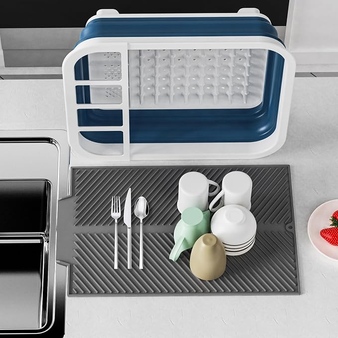 Dish Rack,Drying Rack Kitchen, Dish Racks for Kitchen Counter, Collapsible Dish Drying Rack—Suitable for Kitchens, motorhomes, Yachts, Campers - Blue-White (with Silicone Drain Pad) - Image 4