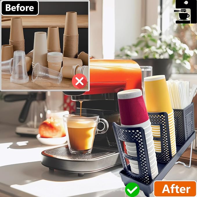 Coffee Cup Holder, Paper Cup and Lid Holder Dispenser with Straw Organizer,3-Slot Upright Disposable Plastic Coffee Cup Dispenser for Stations, Kitchens, Bars, Restaurants, Lounges (Black) - Image 5