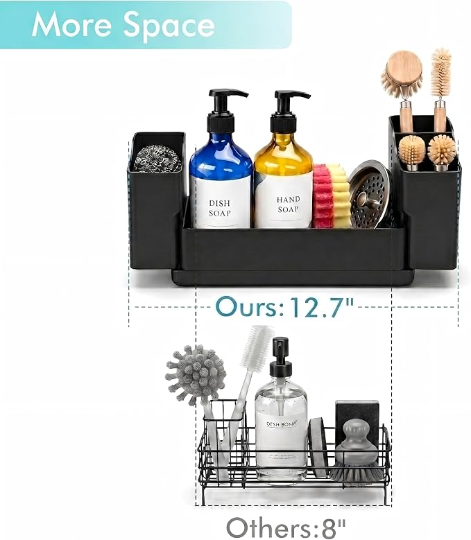 Sponge Holder for Kitchen Sink with Drying Stone, Black | Kitchen Caddy Sink Organizer, 2 Removable Cups, Premium ABS, Anti-Slip, 12.7" Sponge and Soap Holder for Kitchen Counter - Image 4