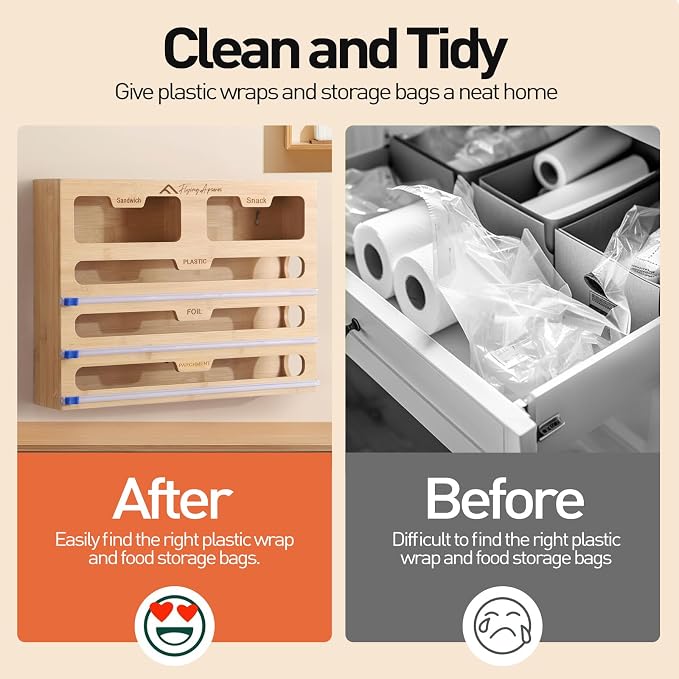 APSARAS USA 5 in 1 Bamboo Foil and Plastic Wrap Organizer for Kitchen Drawer, Ziplock Bag Organizer, Saran Wrap Dispenser with Cutter, Plastic Bag Organizer, Food Storage Bag Organization - Image 5