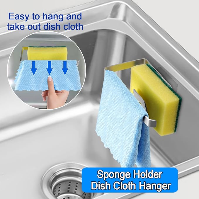 GAViA Sink Caddy, Stainless Steel Removable Sponge Holder for Kitchen Sink | 2-in-1 Sponge holder,Dish Cloth Hanger,Rustproof,In-Sink,Wall Hanging,Adhesive,Self Drain Sink Organizer Rack,Silver - Image 4
