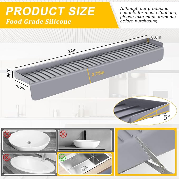 Silicone Sink Edge Protectors - Multifunction Accessories, Splash Guard & Draining Mat for Kitchen, Bathroom Sink, Steel, Granite, Quartz Countertops (Gray, 4 * 24in) - Image 3