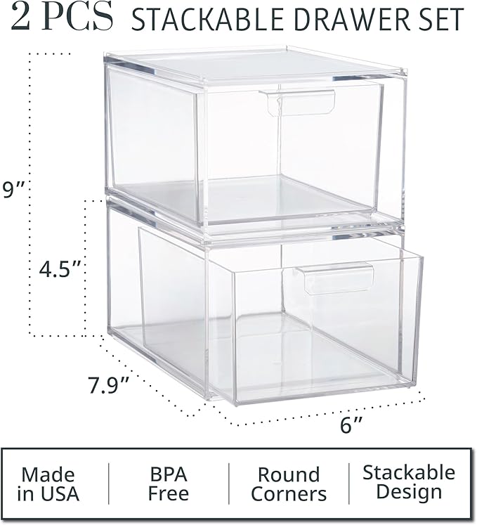 STORi Audrey Stackable Clear Bin Plastic Organizer Drawers | 2 Piece Set | Organize Cosmetics and Beauty Supplies on a Vanity | Made in USA (Pack of 3) - Image 3