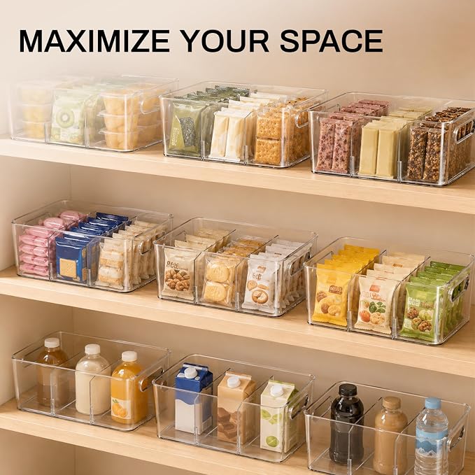 Mpotmiy 8-Pack Pantry Organizers and Storage, Clear Fridge Organizer Bins | Clear stackable plastic bins with removable dividers for packets, snacks, pouches and spices in pantry, fridge or freezer. - Image 8