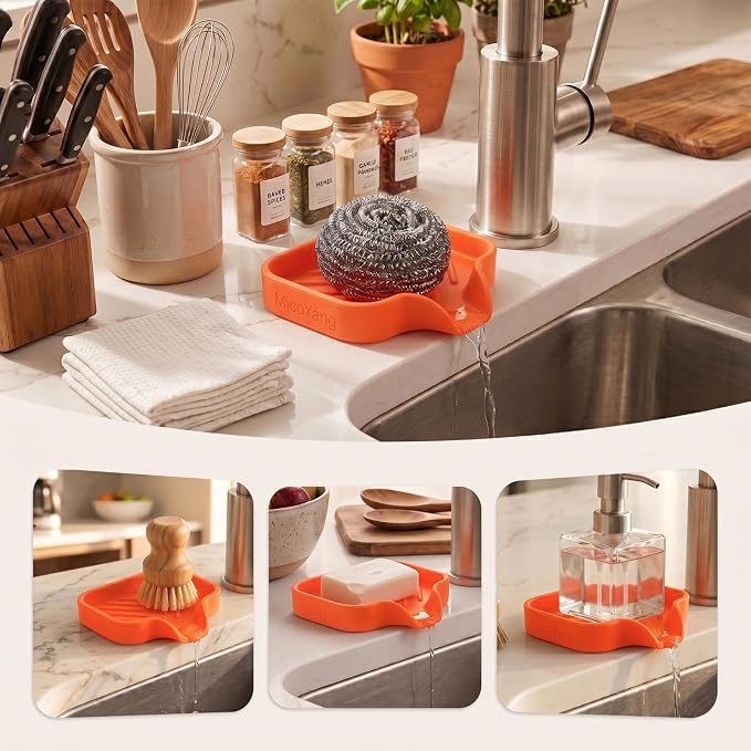 MicoYang Silicone Soap Dish with Drain Spout, Self-Draining Sink Organizer Tray for Bathroom and Kitchen, Sponges, Dispensers and Soap Holder, Non-Slip and Dishwasher Safe, Orange (Compact, 4.9"×3.2") - Image 3