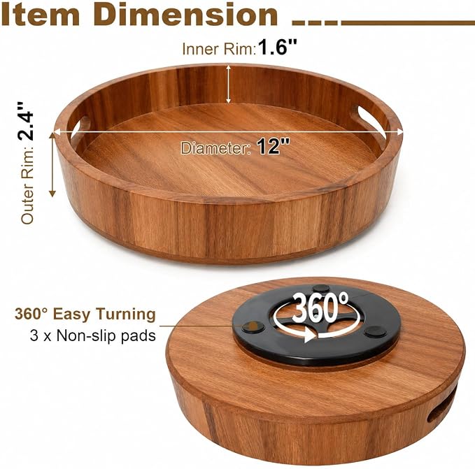 Wooden Lazy Susan – 12 in Acacia Wood Turntable Organizer for Cabinet，Multi-Purpose Home Decor Rotating Tray for Bathroom Accessories, Bedroom Makeup Organizer & Countertop Storage - Image 2