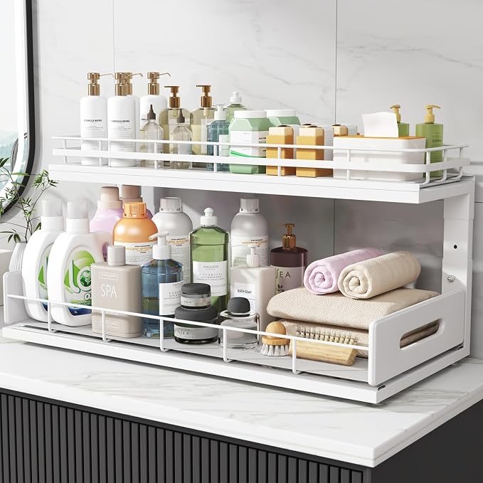 Under Sink Organizer Upgrade To Professional Rails,2-Tier Dual Pull Out Cabinet Storage,Height Adjustable Slide Out Drawers For Bathroom Kitchen,2 Pack-21"Dx12.8"-16.9"H,White - Image 8