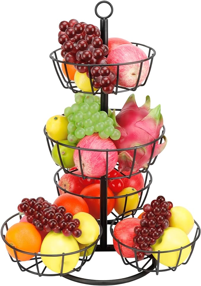 Livabber Fruit Basket Bowl, Metal Fruit Vegetable Storage Basket for Kitchen Counter, Large Capacity Vegetable Holder Rack Detachable Organizer for Bread Snack Produce (Black, 5-Tier Metal Base) by Livabber