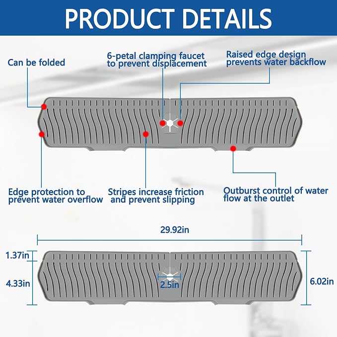 Kitchen Sink Splash Guard Gen2-30" x 6'' Silicone Sink Mat Splash Guard fit for Countertop, Bathroom,Farmhouse,RV by EBIGIC (Grey) - Image 2